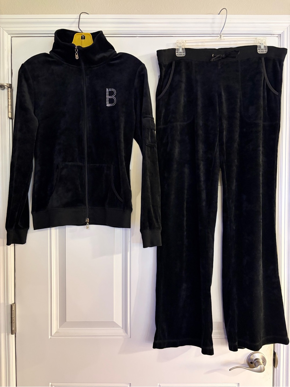 BCBGMaxAzria Black Velour woman’s track set with Rhinestone lettering